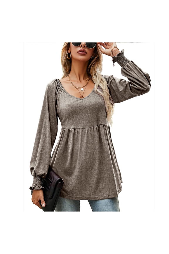Coffee-Colored Flare Top for Autumn/Winter, Women's Casual Tunic V-Neck Long Sleeve Puff Blouse Bienvenido