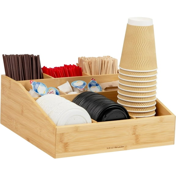 Coffee Condiment and Accessories Caddy Organizer with 9 Organizing Compartments, Bamboo Brown