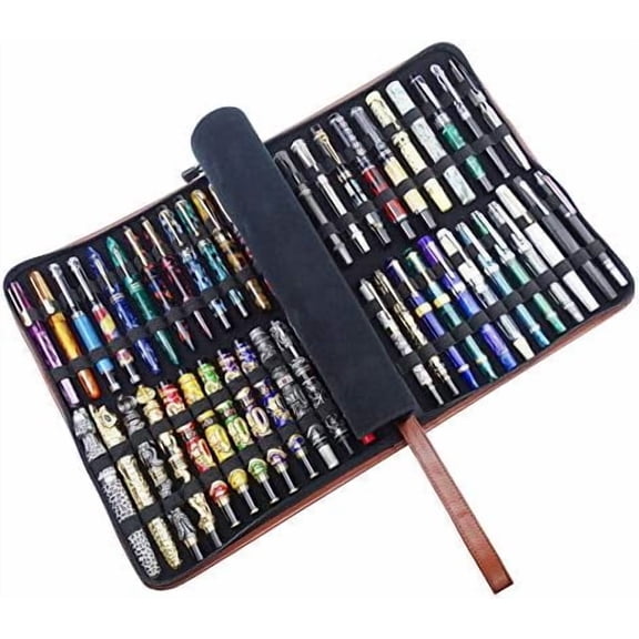 Coffee Cowhide Leather Fountain Pen Case for Various Size Pens, 46 Slot Display Holder Bag$$Office