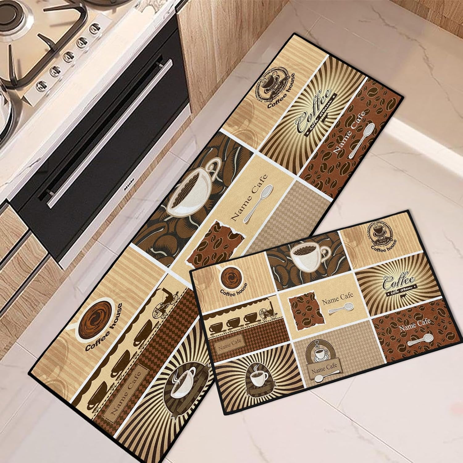 Coffee Cream Kitchen Rugs and Mats Non Skid Washable Set of 2, Vintage ...