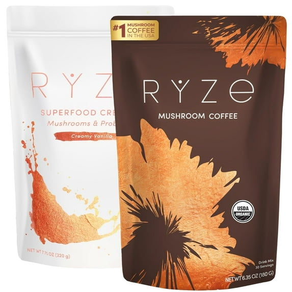 RYZE SUPERFOODS RYZE n Shine Bundle, USDA Organic Mushroom Medium Roast Coffee + Probiotic Coffee Creamer with 6 Adaptogenic Mushrooms for Better Energy, Focus, Digestion, Immunity, 30 + 30 Servings