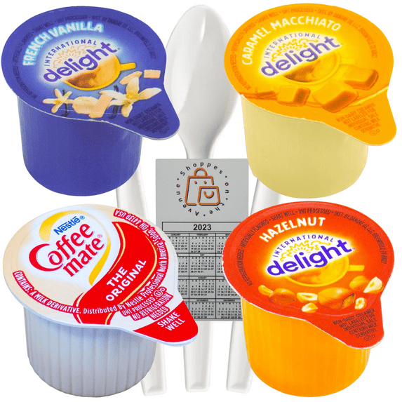 Coffee Creamer Singles Variety Bundle - 96 Total - 24 French Vanilla, 24 Hazelnut, 24 Caramel Macchiato and 24 Original - Includes a Trademarked Shoppes on the Avenue® Mini-fridge Calendar