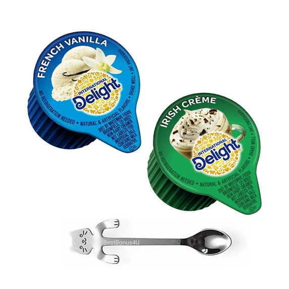 Coffee Creamer Singles Variety Pack (192ct) Includes Delight Creamer Singles French Vanilla and Irish Creme with BestBonus4U Coffee eBook + Stainless Steel Stirrer Spoon