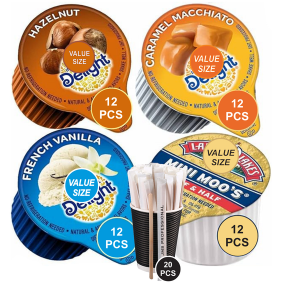 Coffee Creamer Singles Variety Pack Assorted, French Vanilla, Hazelnut, Caramel Macchiato & Half and Half (48 Total)