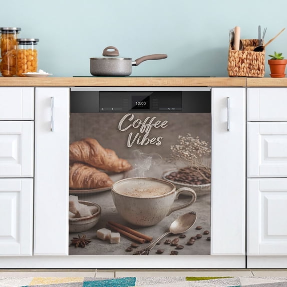 Coffee Croissant Dishwasher Magnet Cover Reuseable Refrigerator Magnet Cover Decal Kitchen Fridge Microwave Stickers Hoilday Party Decor 23 x 26 inch