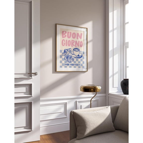 Coffee Croissant Poster Blue Pink Breakfast Kitchen Wall Art, Stretched Canvas 12x16in