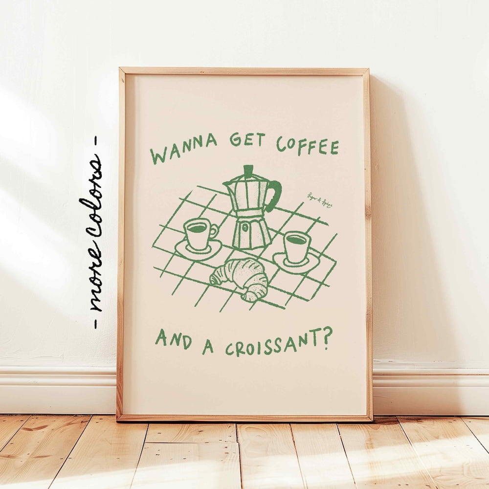 Coffee Croissant Print, Retro Coffee Poster, Breakfast Food Wall Art ...