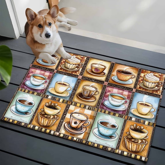 Coffee Cup 2x3 Area Rugs for Living Room, Theme Vintage Plaid Patchwork Farmhouse Non Slip Floor Mat Washable Low-Profile Indoor Carpet for Bedroom, Dining Room, Bathroom