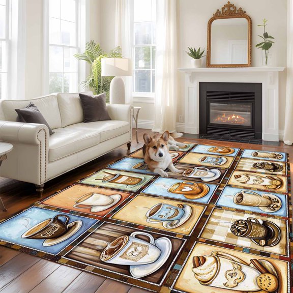 Coffee Cup 5x8 Rug for Bedroom Under Queen Bed Placement, Theme Retro Plaid Patchwork Farmhouse Washable Non Slip Large Rectangle Area Rug