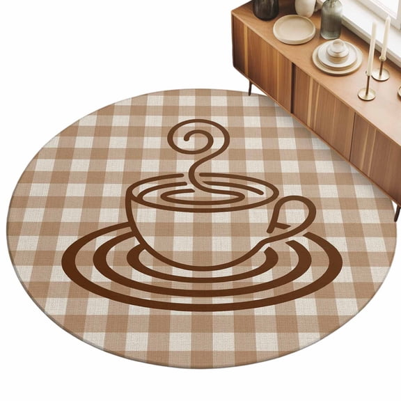 Coffee Cup 6ft Non Slip Round Area Rug Retro Country Brown Lines Cup Brown Plaid Washable Soft Area Rugs for Living Room, Indoor Circle Carpet for Bedroom Dining Room Kitchen