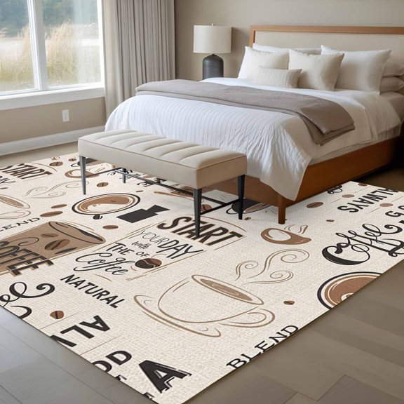 Coffee Cup 6x9 Rug for Dining Room Table and Chair Setup, Coffee Beans Low Pile Washable Non Slip Rectangle Area Rug