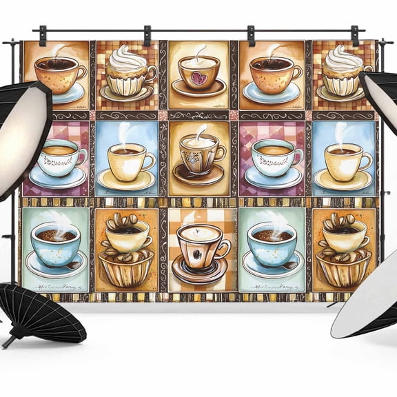 Coffee Cup Backdrop for Photography, Theme Vintage Plaid Patchwork Farmhouse Photo Backdrop Portrait Background Party Banner Photo Backgrounds for Studio Booth Props, 10x8ft