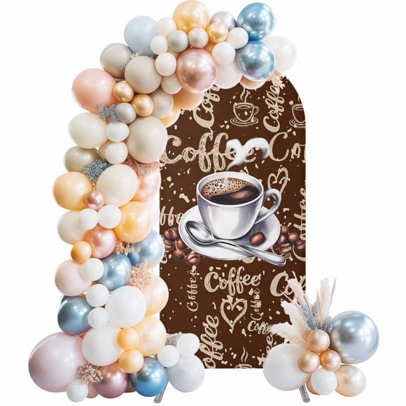 Coffee Cup Beans Arch Backdrop Cover 4 FT Cafe Retro Dark Brown Background Vintage Stretchy Elastic Arch Stand Covers Spandex Arched Background Birthday Wedding Party Decoration (No Stand)