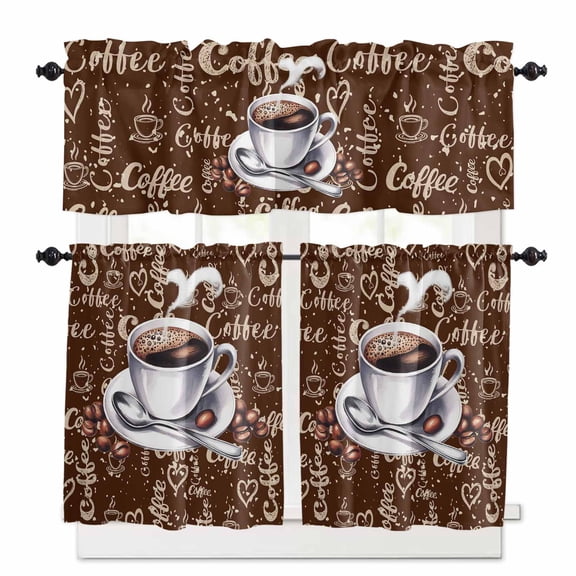 Coffee Cup Beans Kitchen Curtains Valances and Tiers Set of 3, 24 Inch Length Tier Curtains and Valance Rod Pocket Valance Curtains Set for Kitchen Bathroom Small Windows