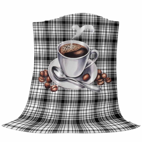 Coffee Cup Beans Throw Flannel Blanket Black Buffalo Plaid Farm Country Super Soft Cozy Bed Blanket, Lightweight Plush Fuzzy Bed Throw for Bedroom Sofa Couch Living Room 40x50In,