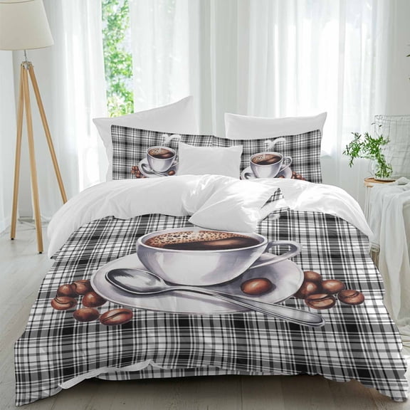 Coffee Cup Beans Twin Size Comforter Set, Black Buffalo Plaid Farm Country Bedding for All Seasons, 4 Pcs Bed Set, 1 Quiltcover (68"x86") ,1Sheet(67"x116"), 2Pillowcases (30"x20")
