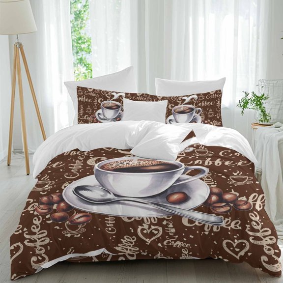 Coffee Cup Beans Twin Size Comforter Set, Cafe Retro Dark Brown Background Vintage Bedding for All Seasons, 4 Pcs Bed Set, 1 Quiltcover (68"x86") ,1Sheet(67"x116"), 2Pillowcases (30"x20")