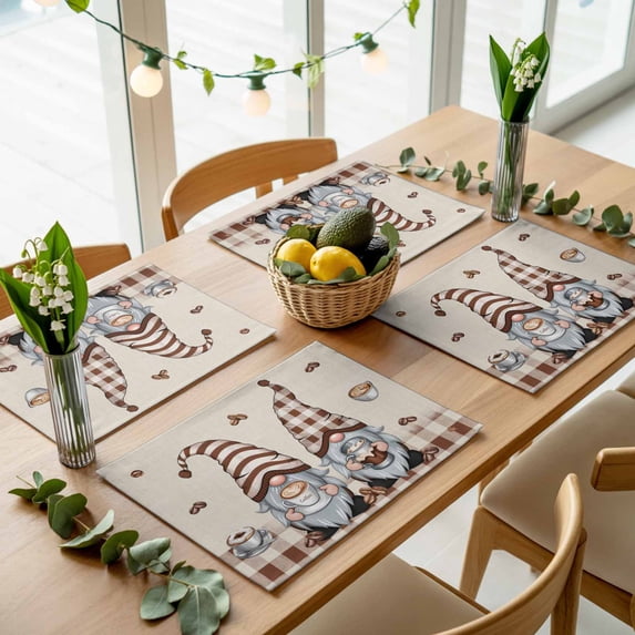 Coffee Cup Beans on Vintage Linen Placemats Set of 4,Wipeable Washable Table Mats for Dining Tables, Gnomes Brown Plaid Place Mats for Kitchen Event Party Tabletop Decor