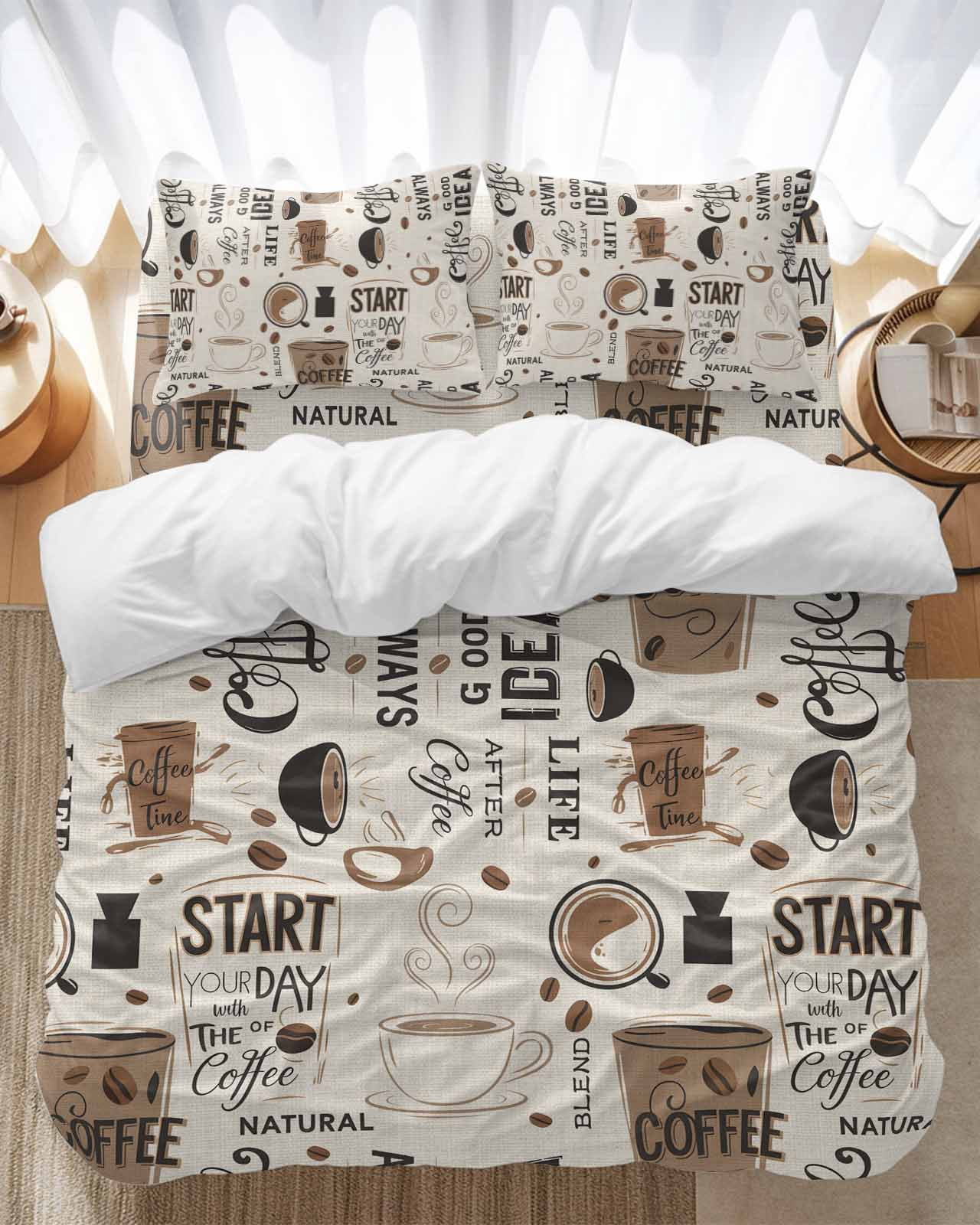 Coffee Cup Bedding Duvet Cover Set Full Size 4 Pieces Coffee Beans Linen Background Soft Twill Plush Quilt Cover, Include 1 Duvet Cover 1 Flat Sheet And 2 Pillow