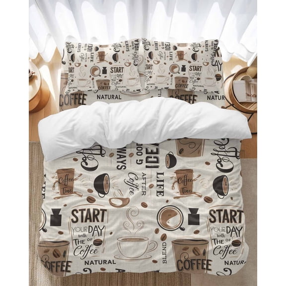 Coffee Cup Bedding Duvet Cover Set Full Size 4 Pieces Coffee Beans Linen Background Soft Twill Plush Quilt Cover, Include 1 Duvet Cover 1 Flat Sheet And 2 Pillow
