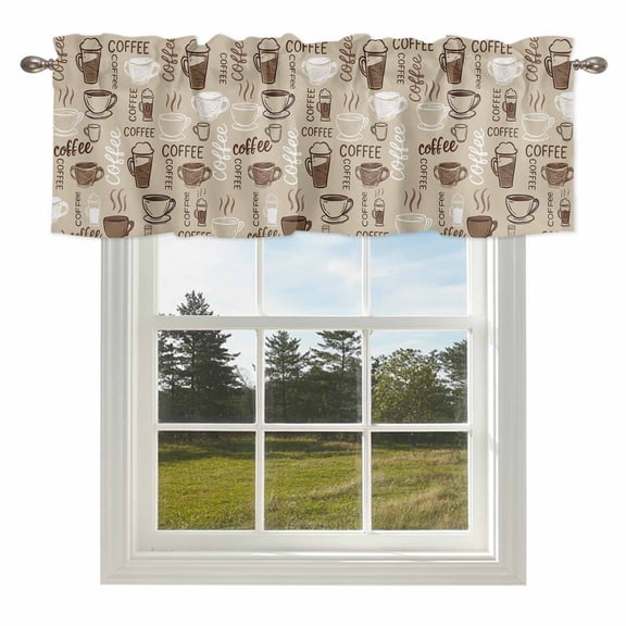 Coffee Cup Cafe Retro Text Seamless Valances for Windows Abstract Graffiti Style Rod Pocket Curtain Valance Window Treatment Short Curtains for Kitchen Living Room,42x12in