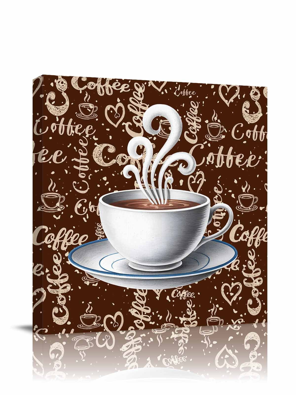 Coffee Cup Canvas Wall Art, Cafe Retro Dark Brown Background Vintage Framed Wall Decor Modern Artwork Prints Painting for Living Room, Bedroom, Kitchen & Cafe Decor 16x16 Inch