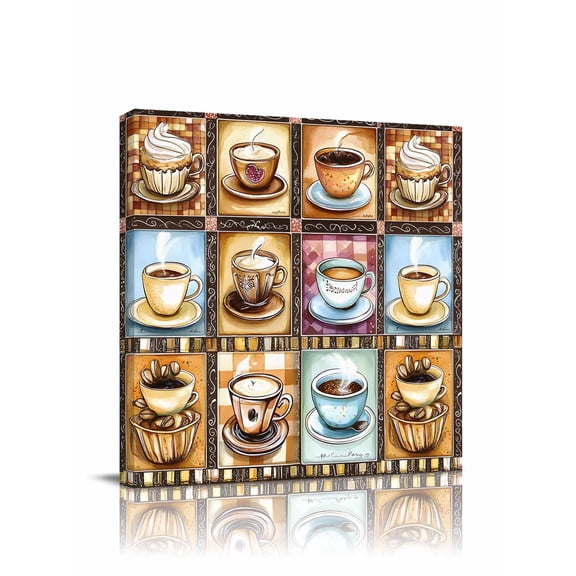 Coffee Cup Canvas Wall Art, Theme Vintage Plaid Patchwork Farmhouse Framed Wall Decor Modern Artwork Prints Painting for Living Room, Bedroom, Kitchen & Cafe Decor 8x8 Inch