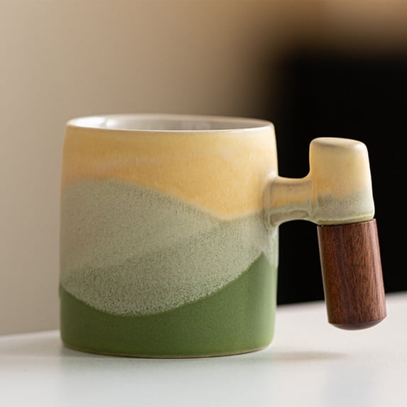 Coffee Cup Ceramic Mug with Wooden Handle – Mini Small Tea Cup, Coarse Pottery Gradient Glaze Design, Multicolor, 8.5 x 5.5 cm, Single Cup for Coffee or Tea