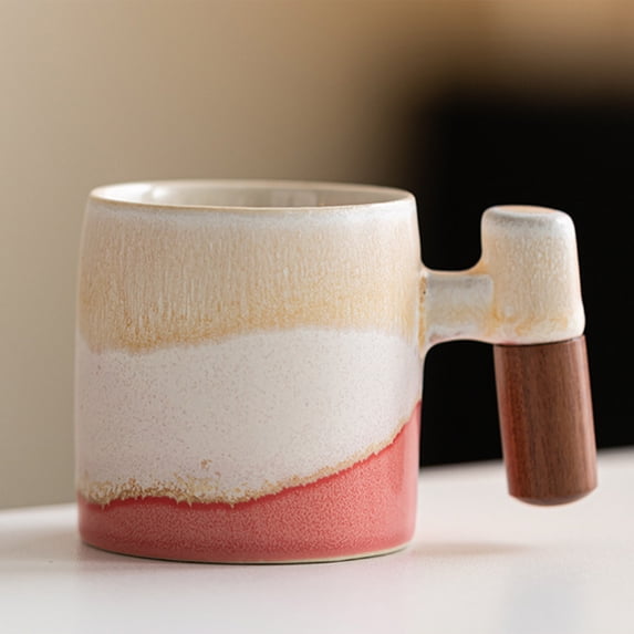 Ceramic Coffee Cup Mug, Multicolor Gradient Glaze With Wooden Handle, Rough Pottery Tea Cup With Stable Flat Bottom and High-Temperature Fired Inner Wall