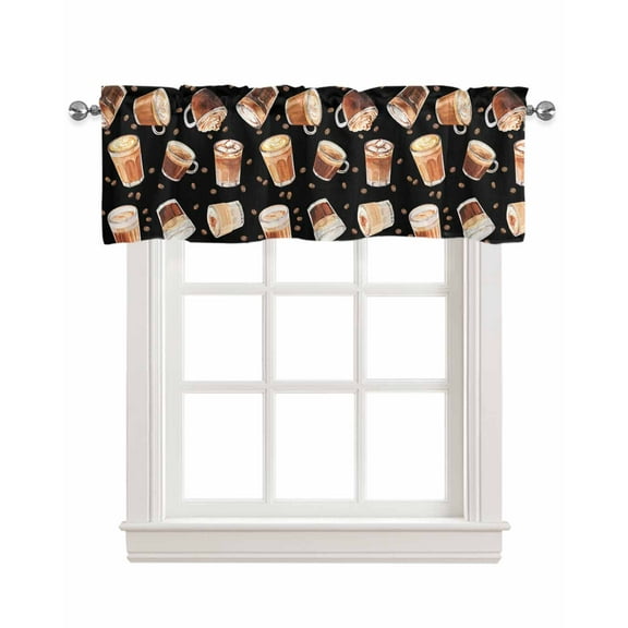 Coffee Cup Coffee Bean Linen Curtain Valance for Bedroom/Bathroom/Kitchen/Office/Living/Dining Room Window,Vintage Brown Black Cafe Theme Rod Pocket Topper Decorative Cafe Drapes Panel 42"x12"