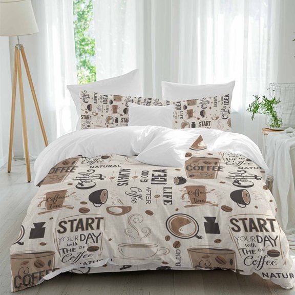 Coffee Cup Comforter Set Queen Size, Coffee Beans Linen Background Soft Bedding Set for Man Woman, 4 Pieces Duvet Cover Set with Fitted Sheet, 2 Pillowcases