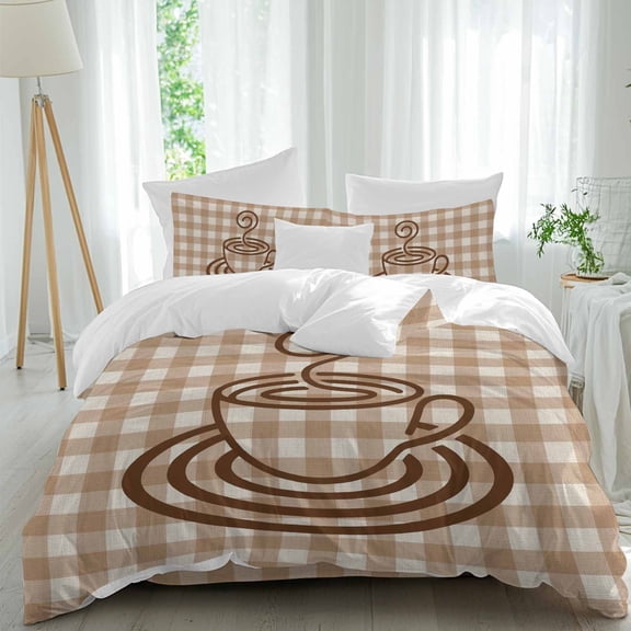 Coffee Cup Comforter Set Queen Size, Retro Country Brown Lines Cup Brown Plaid Soft Bedding Set for Man Woman, 4 Pieces Duvet Cover Set with Fitted Sheet, 2 Pillowcases
