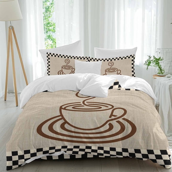 Coffee Cup Comforter Set Twin Size, Retro Country Brown Lines Cup Linen Black Plaid Soft Bedding Set for Man Woman, 4 Pieces Duvet Cover Set with Fitted Sheet, 2 Pillowcases
