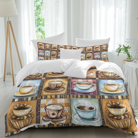 Coffee Cup Comforter Set Twin Size, Theme Vintage Plaid Patchwork Farmhouse Soft Bedding Set for Man Woman, 4 Pieces Duvet Cover Set with Fitted Sheet, 2 Pillowcases