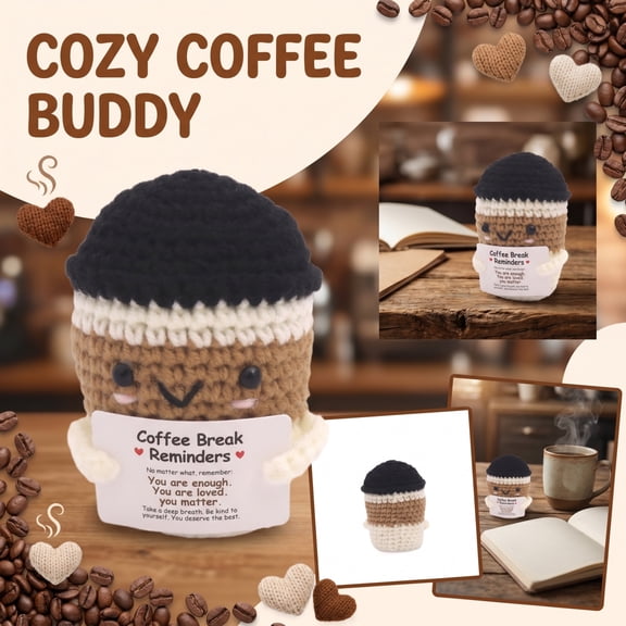 Coffee Cup Crochet Doll, Handmade Cute Knit Yarn Figurine Coffee Break Reminders, 1Pc Soft Stuffed Decorative Accent For Desk Shelf Office Bedroom Decor