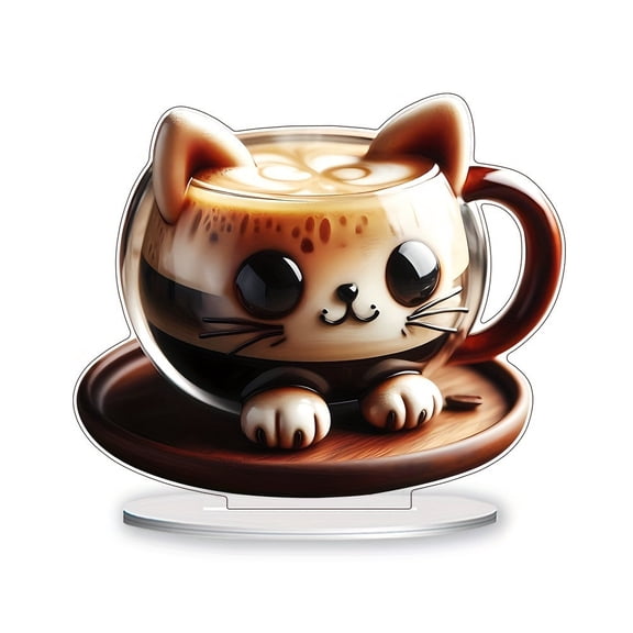 Coffee Cup Decoration With Acrylic Cat Ornament, Tabletop Display, Non-Skid Base And Cute Figurine For Office Desk, Kitchen Counter And Gift Idea