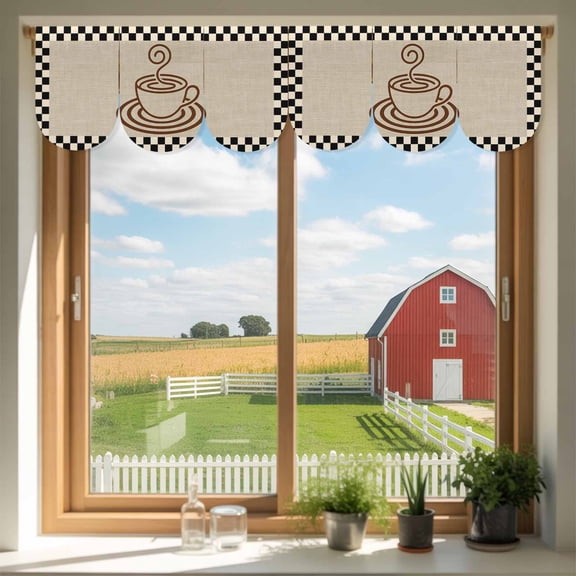 Coffee Cup Door Banner Retro Country Brown Lines Cup Linen Black Plaid Small Scalloped Hanging Banner for Door, Hanging Flag Backdrop Decoration for Wall Window Party 3pcs, 8 x 12 Inch