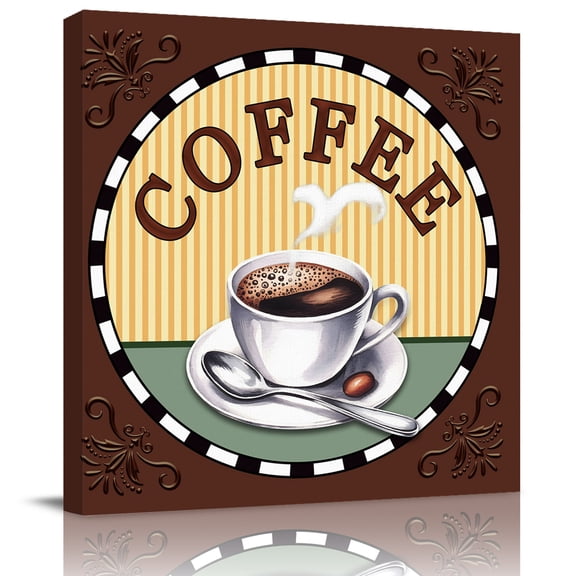 Coffee Cup Farm Flower Damask Canvas Artwork Painting Art, Rustic Country Farmhouse Square Framed Wall Decorations Prints Picture for Bedroom Kitchen Living Room, 8x8 in