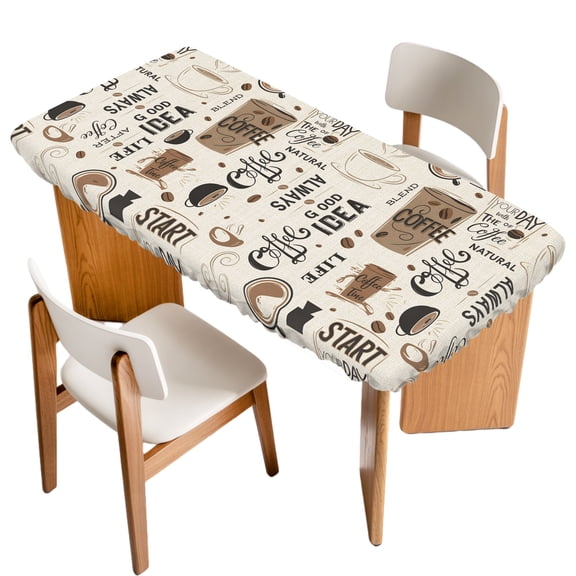 Coffee Cup Fitted Rectangle Tablecloth 24" x 50" Coffee Beans Linen Background Elastic Table Cloth Fits for 4 Foot Folding Tables Waterproof Table Cover for Picnic Camping Outdoor