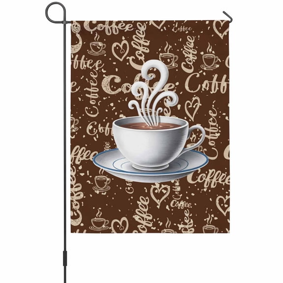 Coffee Cup Garden Flag 12 x 18 Inches, Cafe Retro Dark Brown Background Vintage Weather Proof Outdoor Patio Flags Double Sided Small Garden Decoration for Yard Outside Home