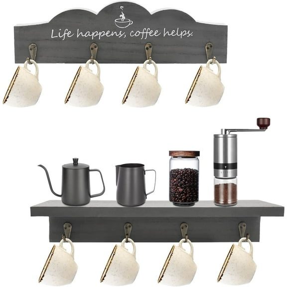 Coffee Cup Holder 2 Pcs Kitchen Wall Decor Coffee Mug Holder with 8 Sturdy Hooks Mug Rack for Farmhouse Kitchen Decorations, Coffee Station, Office Decor, Mug Organizer, Mug Display (Grey)