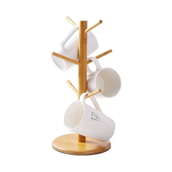 Coffee Cup Holder, Bamboo Wooden Mug Rack Tree Coffee Tea Cup Organizer with 6 Hooks