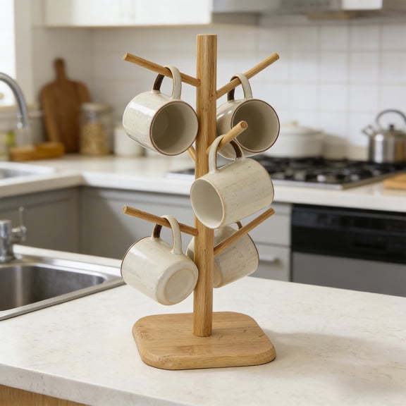 Coffee Cup Holder,Mug Tree,Mug Tree Stand | Wooden Coffee Cup Holder Khaki | Countertop Organizer Rack | 6 Branches Non-Slip Base | Space-Saving Kitchen Accessories Decor(Wood)