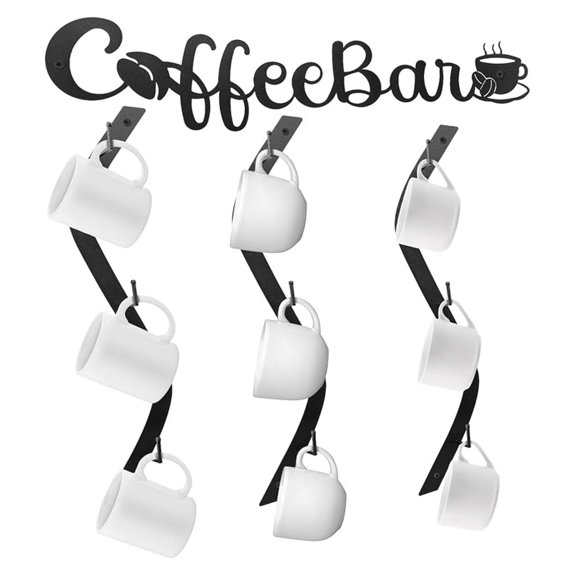 Coffee Cup Holder Wall Rack - 9 Cup Capacity - Metal Mug Organizer for Kitchen, Bar, Office - Curve Design with Bar Shelf