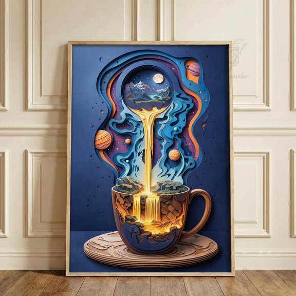 Coffee Cup Illustration Layered Paper Cut Style Cosmic Landscape Theme Poster Unframed Paper Print