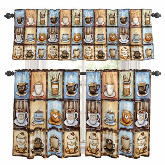 Coffee Cup Kitchen Curtains Valances and Tiers Set of 3 Theme Retro Plaid Patchwork Farmhouse Tier Curtains and Valance with Rod Pocket for Small Windows, 27.5"x24"