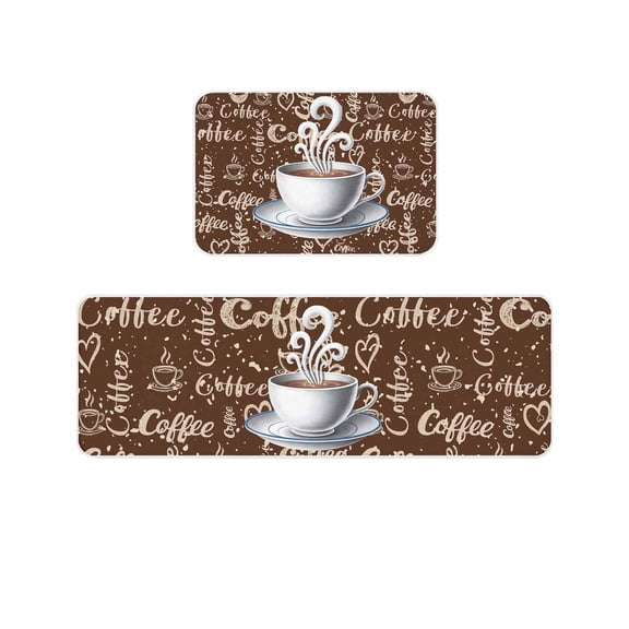 Coffee Cup Kitchen Mats for Floor 2 Piece, Cafe Retro Dark Brown Background Vintage Absorbent Non-Slip Kitchen Rugs Comfort Standing Mat for Laundry, Hallways 15.7"x23.6"+15.7"x47.2"