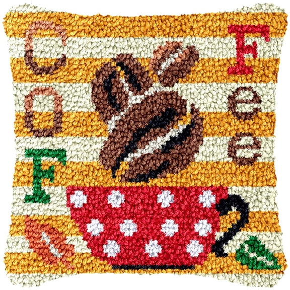 Coffee Cup Latch Hook Kits Pillow Cover DIY Rug Making Crochet Hook Cushion Making Kits with Preprinted Pattern Canvas DIY Needlework Crochet Kits Sofa Decor 43x43cm