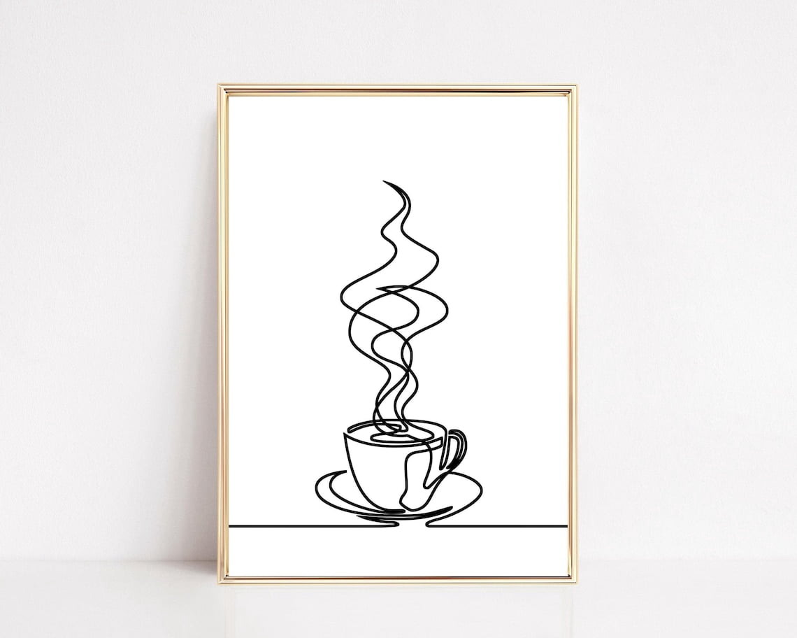 Coffee Cup Line Art Print | Minimalist Kitchen Decor, Stretched Canvas ...
