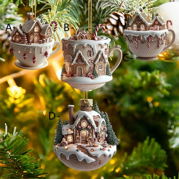 Coffee Cup Ornaments for Christmas Tree, Hot Cocoa Cup Gingerbread Houses Xmas Ornament, Double Sided Pattern 2D Acrylic Christmas Snow House for Holiday Tree Hanging Decor
